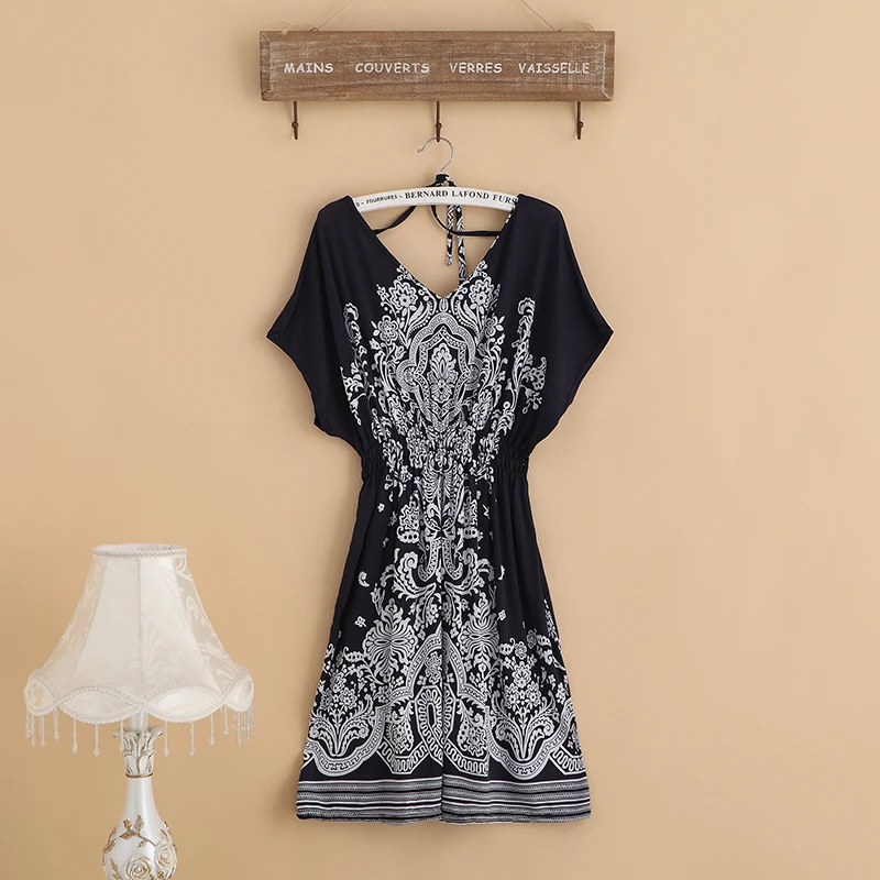 

women summer dresses 2018 spring Loose Print short sleeve tunics tunic v-neck dress casual Bohemian vintage XS-XL black
