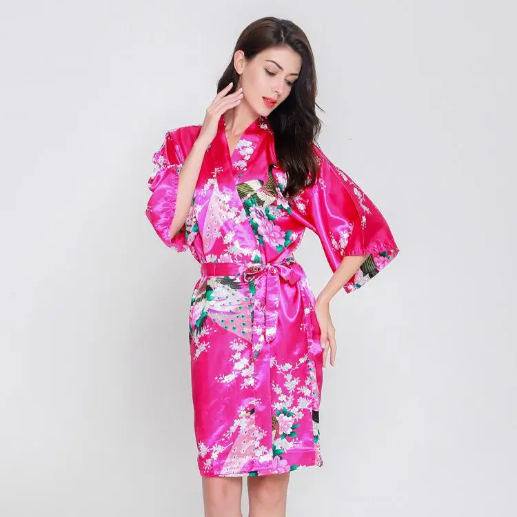 Сексуальный женский шелковый халат кимоно платье Ночная одежда стильный принт в китайском стиле одежда для сна летняя Цветочная ночная рубашка Night - Цвет: Hot Pink B