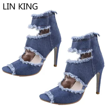 

LIN KING New Summer Thin Heel Denim Women Sandals Sexy Open Toe High Heel Ankle Shoes Back Zipper Office Ladies Dress Work Shoes