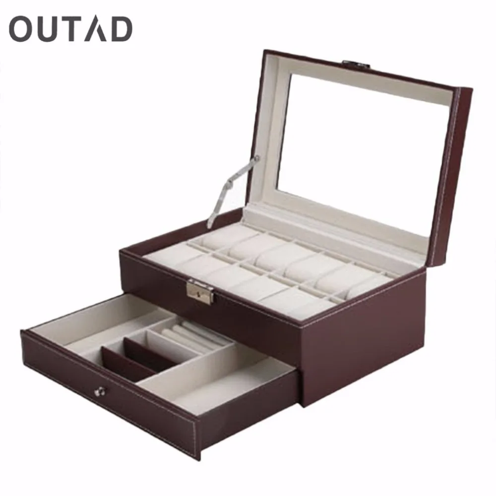 

12 Grids Slots Professional Watches Storage Box Double Layers PU Leather Watch Case Organizer Box Holder Black Brown Colors