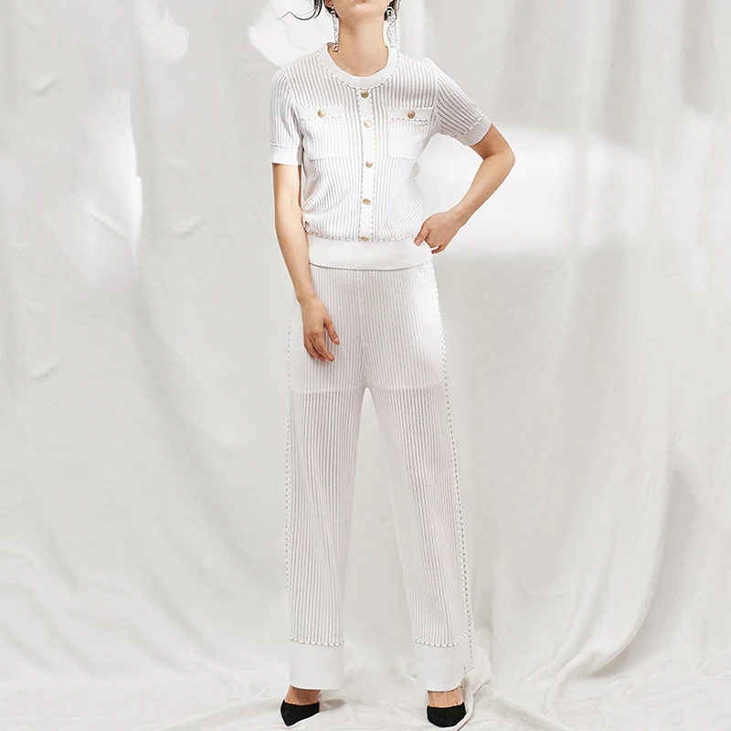 Pantaloni Marca Estate Pezzi Delle Seta Donne E Alta Wide Dei 2019 Maglia il gamba Due Set 2 Lavorato Modo A Fuori Superiore Bianco Ha Qualità Top Di Nero Scava Ghiaccio Del dI4YRw