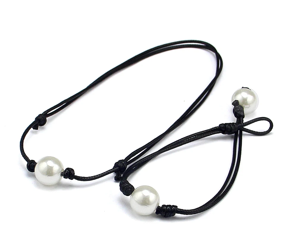 Women Single Pearl Leather Choker Necklace on Genuine Black Leather Cord  Pendant