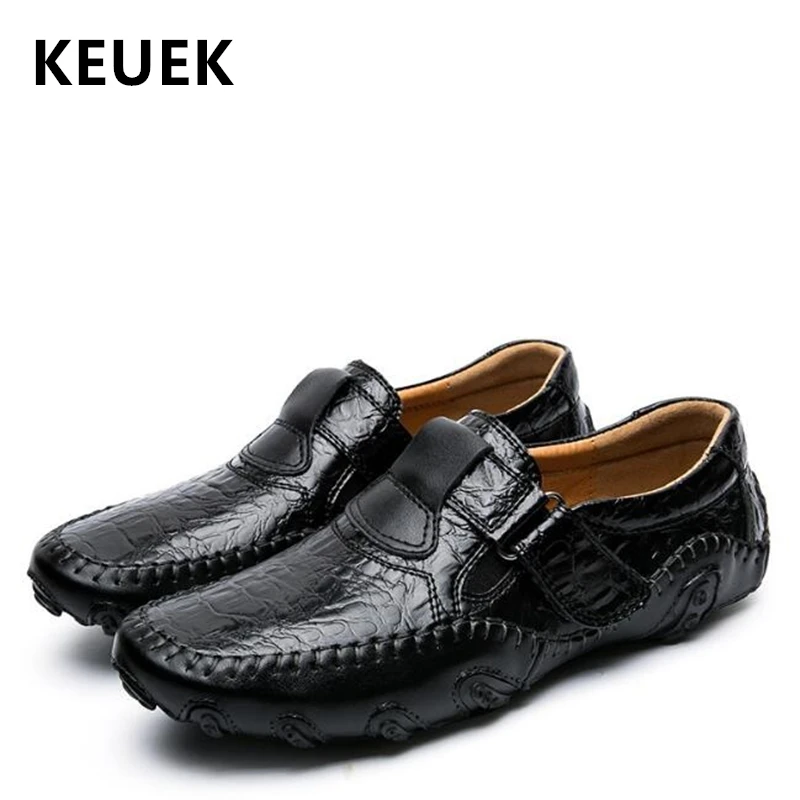 

New Arrival Men Casual leather shoes Soft Comfortable Loafers Hook & Loop Flats Large size Male Driving shoes 02A