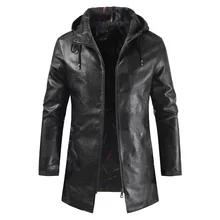 Длинная Мужская искусственная кожа с капюшоном черная локомотив свободная искусственная кожа ветровка/ новая искусственная Кожа Мужская куртка-ветровка