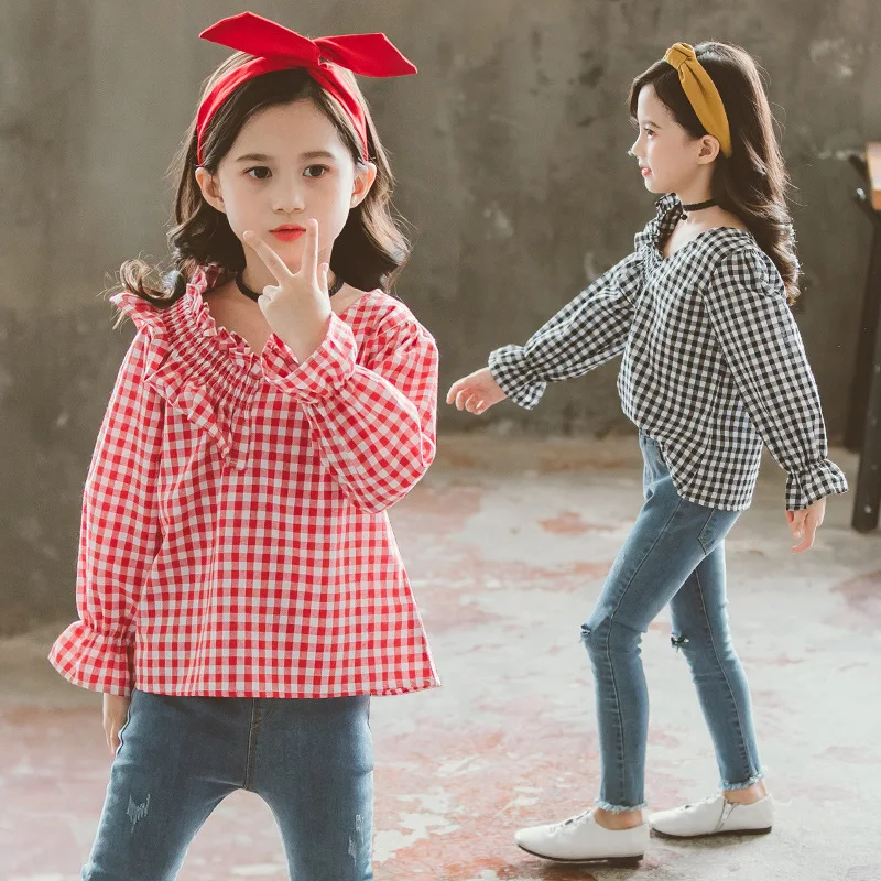 Red Black Plaid Shirt For Baby Big Girls Petal Long Sleeve Blouses Kids Ruffles Tops Back To School Clothing New 2019 Autumn | Мать и