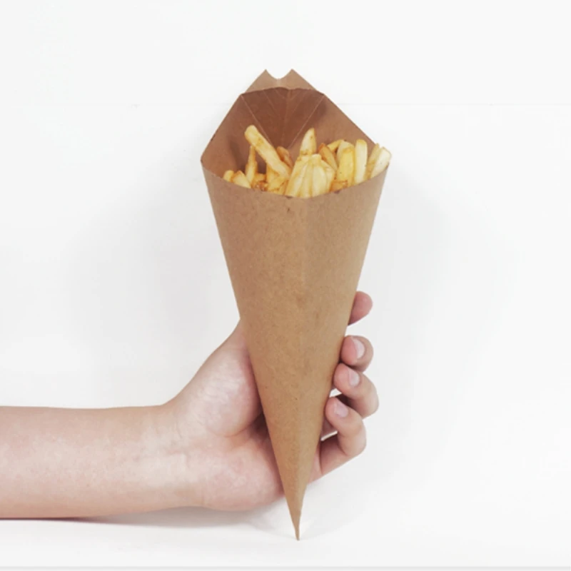 Bolsas creativas con forma de cono para patatas fritas, caja de Kraft impermeable y antiaceite de grado alimenticio, paquete de comida frita, 50 Uds.|Juegos de vajilla| AliExpress