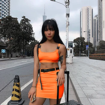 

2019 New Women Clothes 2 Piece Set Bodycon Buckle Sleeveless Crop Top and Skirt Set Party Clubwear Female Clothes Tracksuit