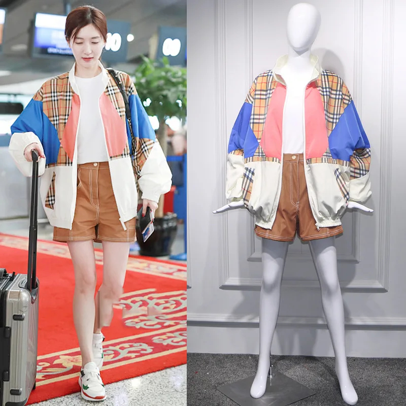 

2019 Chunjiang Shuyin Zhou Dongyu Star with The Same Collar Super-hot Lattice Stitching Loose Jacket Woman Plaid Jacket Coat