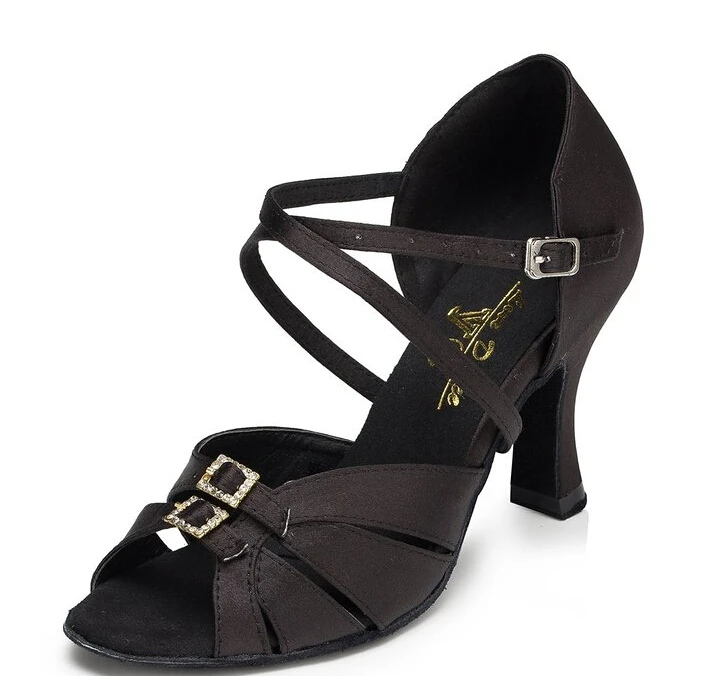 New Women Black Satin Rhinestone Buckles Salsa Ballroom Tango Dance