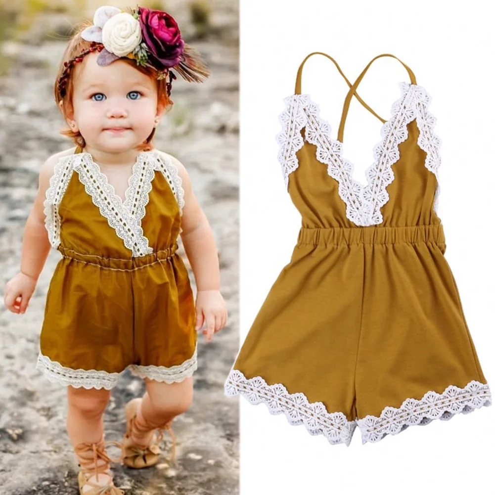 Fashion Children Pure Color Clothes Lace V Neck clothes Strap Romper for Lovely Baby Girls Fashion Children Pure Color Clothes Lace V Neck clothes Strap Romper for Lovely Baby Girls