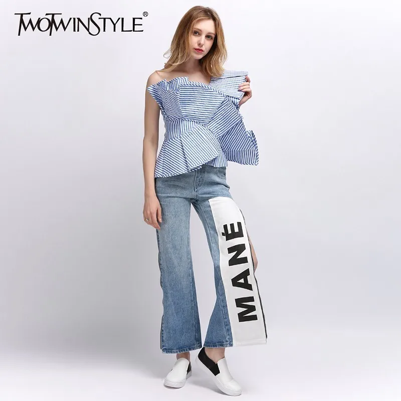 Женская Асимметричная блузка TWOTWINSTYLE летняя без рукавов в полоску с открытыми