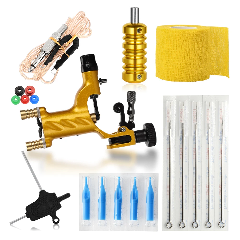 Tattoo Machine Set Gold not Completed Beginner tattoo Kit Professional Rotary Needle Elastic Self Adhesive Grip | Красота и здоровье