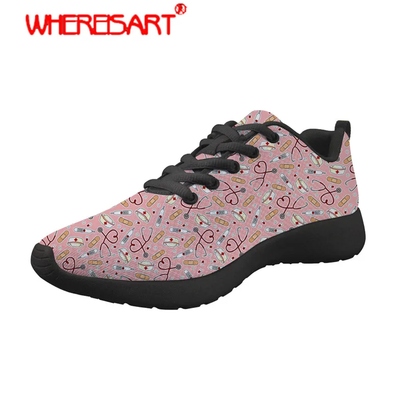 

WHEREISART Nurse Shoes Women Cute Cartoon Nurse Printing Sneakers Ladies Spring Flat Shoes for Females Mesh Flats Nursing Shoes