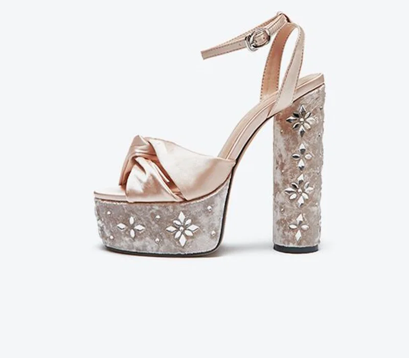 

New 15CM Thick Heels Sandal for Woman Crystal Embellished Platform High Heel Shoes Runway Peep Toe Ankle Strap Dress Sandal