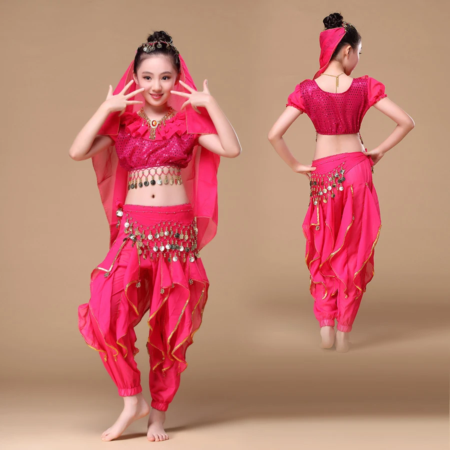 Детская одежда для индийских танцев, комплект из 6 предметов, костюм(Топ, ремень, брюки, головной убор, вуаль, ожерелье), сари Болливуд танцевальные костюмы для девочек