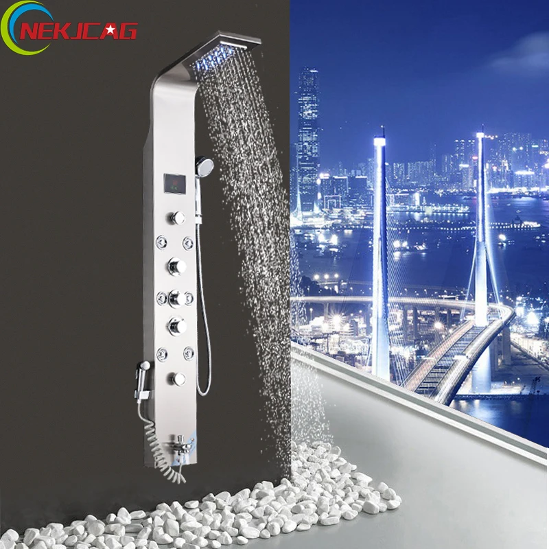 Bathroom Shower Panel Faucet Rain Waterfall Tower Shower Colum 6pc Massage Jets Brass Bidet Tub
