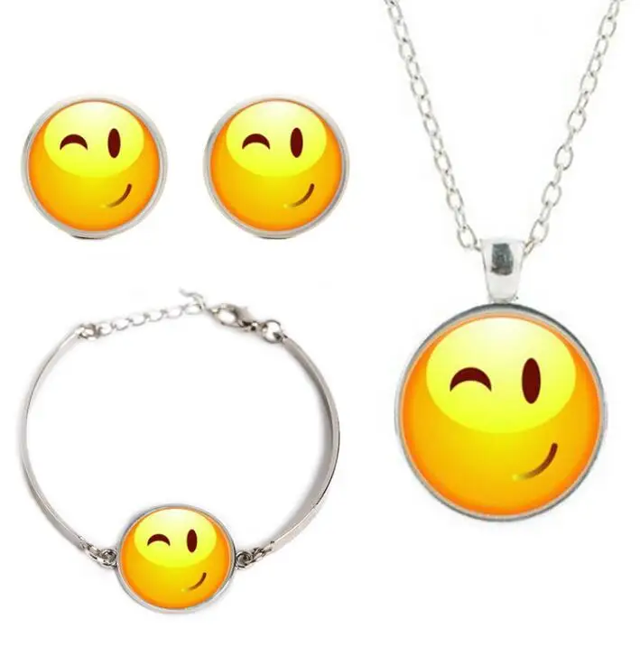 Emoji Charms Fashion Jewelry Set Pendant Chain Necklace Bangle And