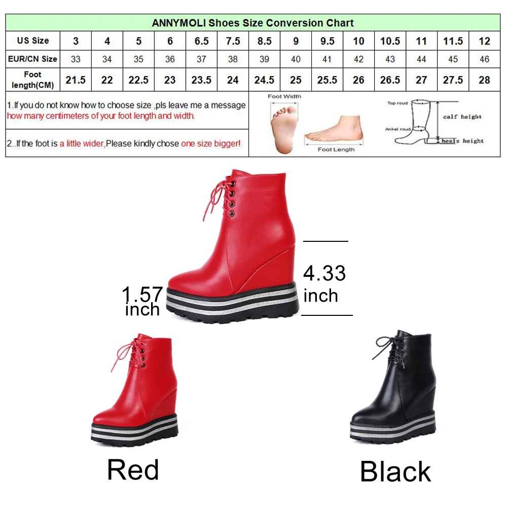 ANNYMOLI/женские ботильоны на платформе; ботинки на танкетке; обувь черного цвета на высоком каблуке; женские осенние полусапожки на шнуровке и молнии; коллекция года; цвет красный, черный