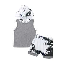 Одежда для маленьких мальчиков 2 предмета, летняя одежда для новорожденных мальчиков топы без рукавов с капюшоном+ камуфляжные шорты, комплект одежды