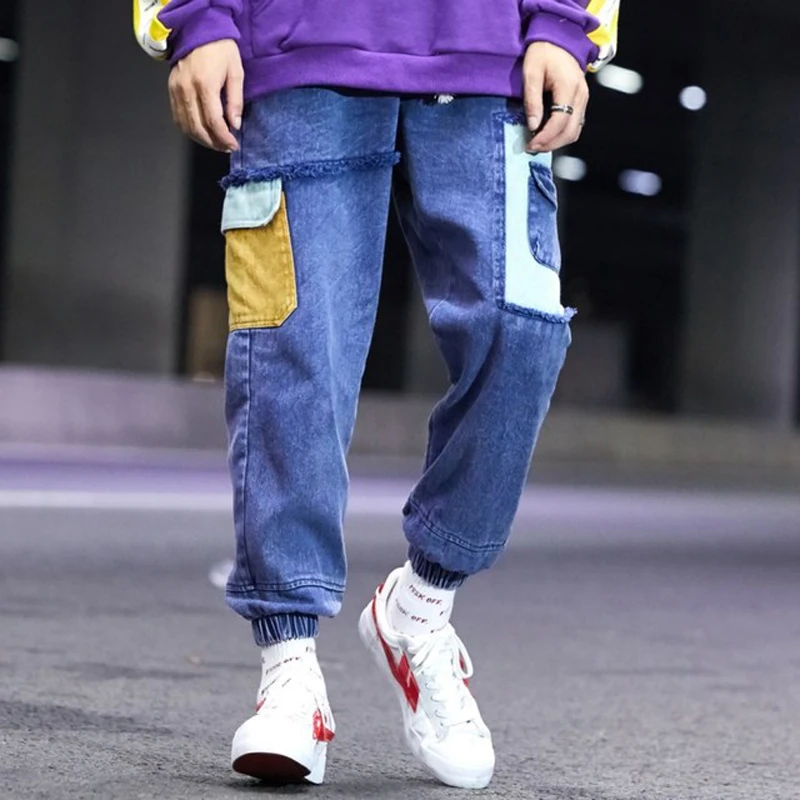 LEOCLOTHO Men Denim Pant Multi Pockets Trousers Harajuku Hip Hop Cargo Pant Jean Ripped Harem Pant Retro Streetwear Jeans