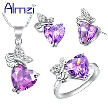 Almei серебро летние Bijoux(украшения своими руками) фиолетовый камни с открытыми пальцами и кристальной бабочкой Сердце CZ цирконием, серьги-кольца наборы ожерелье ювелирные изделия набор T443