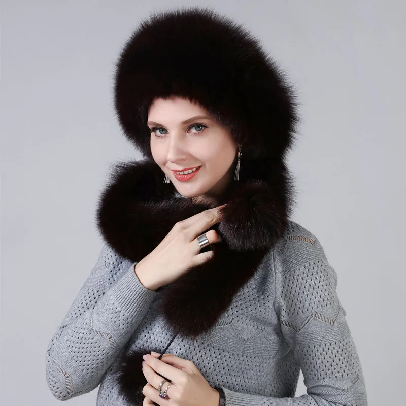 Sombrero de invierno de mujer con piel de zorro Natural Real longitud Extra se puede utilizar como bufanda con colgante cadena en las tapas traseras - 2