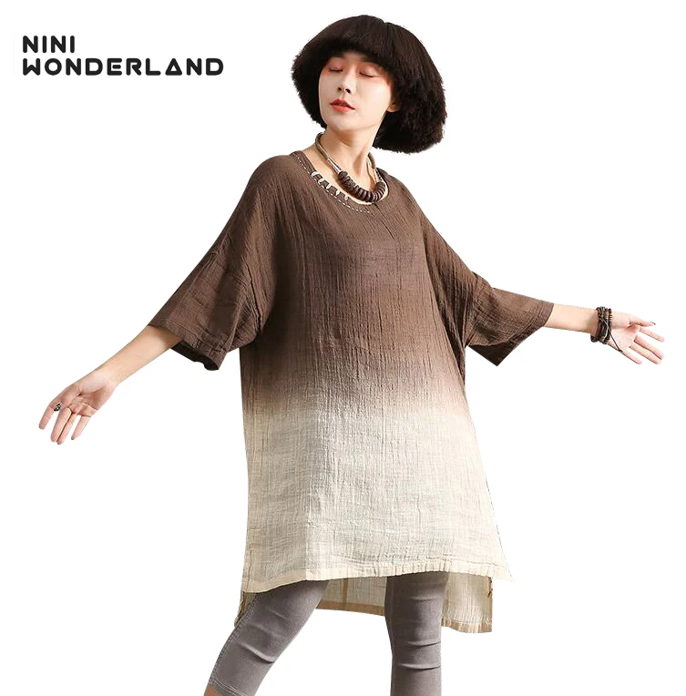 

NINI WONDERLAND New summer plus size gradient color cotton linen long T-shirt Women loose casual Tops & tees large size clothes