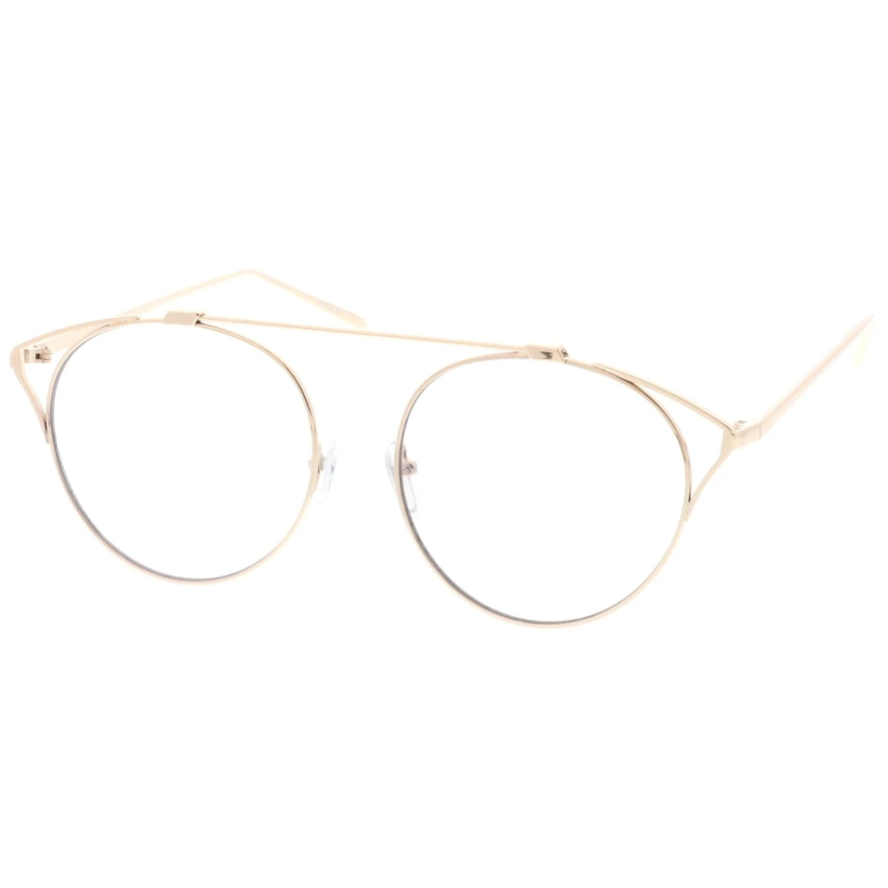 Oversize Open Metal Cat Eye Glasses With Crossbar And Round Clear Flat Lens 55mm (1)