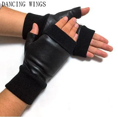 

Black Red Genuine Leather Gloves Breathable Hollow Out Outdoor Driving Gloves Real Sheepskin Fingerless Gloves