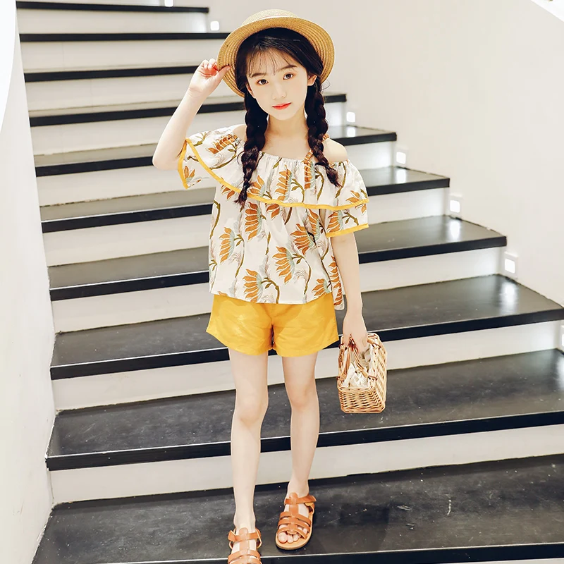 

2019 Kids Girls Clothes Set Children Suit Cotton Floral Off The Shoulder Tees + Shorts 10 12 13 Year Teenage Summer Outfits Gift
