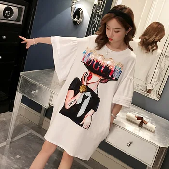 

Summer ladies short-sleeved T-shirt dress 2019 new Korean version of the large size loose casual personality cotton dress female