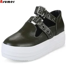 ASUMER/черный, армейский зеленый, серый модные весна-осень женская обувь с круглым носком и пряжкой повседневная обувь на плоской платформе женская обувь на плоской подошве Большие размеры