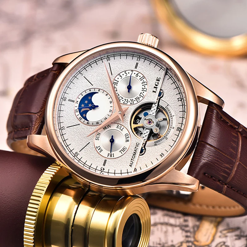 Relojes هومبر ييج العلامة التجارية الرجال الساعات التلقائي الميكانيكية ووتش توربيون الرياضة ساعة الجلود عارضة الأعمال ساعة معصم الذهب