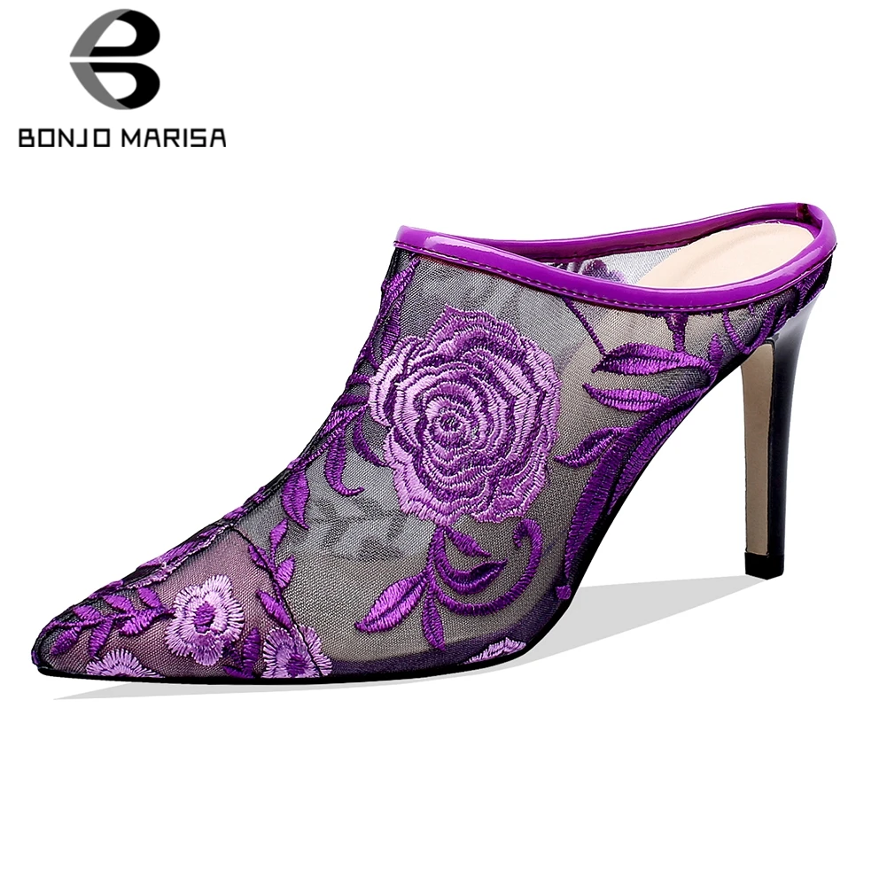 

BONJOMARISA 2020 Mesh Flowers Embroider Mules Shoes Women Thin High Heels Pointed Toe Pumps Women Shoes Woman Size 33-40