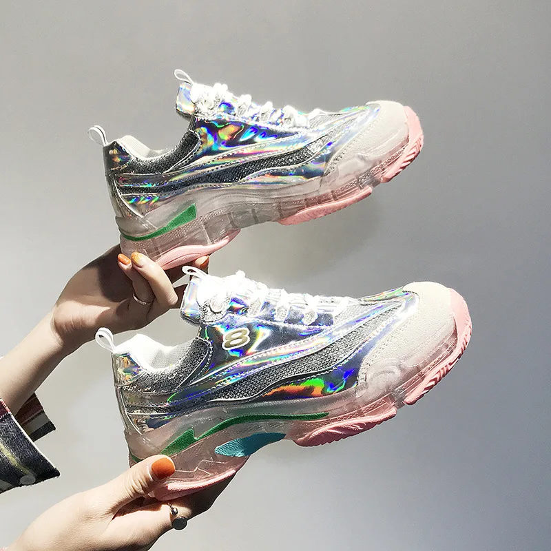 

2019 spring new fashion simple solid color flat shoes women comfortable wild silver thick soles casual shoes
