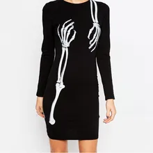 New Design Women Sheath Sexy Black Dress Skeleton Hands Printing One Step Dress Long Sleeve Dress Mini Dress