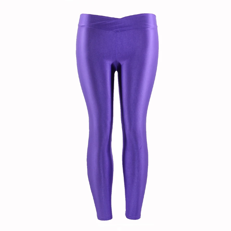 Yesello, флуоресцентные цветные женские леггинсы для тренировок, v-образный вырез, разноцветные блестящие глянцевые брюки размера плюс, женские эластичные повседневные штаны - Цвет: Фиолетовый