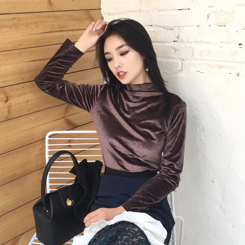 Винтажная Футболка Kpop в стиле Харадзюку с высоким воротом Вельветовая футболка