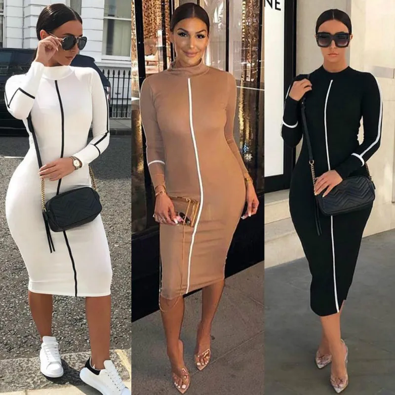 

2019 Autumn Women Ladies Fitness Long Sleeve O Neck Slim Bodycon Striped Pencil Party Club Midi Dress NEW