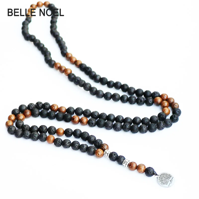 2018 Men Necklace Wood Beads Black Lava Stone with Tree of Life Pendant Rosary Necklace Natural Stones Men Jewelry 