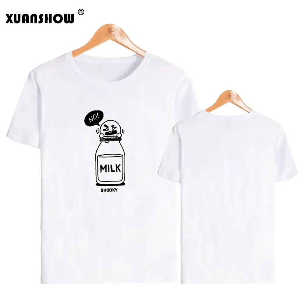 XUANSHOW, женская одежда, футболка,, SHOOKY, мультфильм, молоко, напечатано, унисекс, топы, Kpop, негабаритные, для влюбленных, футболки, женские, Haut Femme