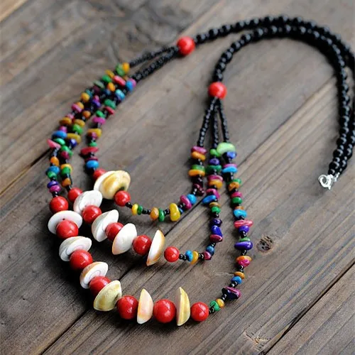 

Unique Pure Handmade Red Coral Candy Colored Shell Black Ceramic Beads Three-row Bohemian Style Multilayer Long Sweater Necklace