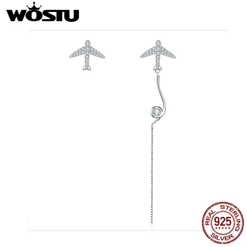 

WOSTU Plane Travel Stud Earrings 100% 925 Sterling Silver Long Line CZ Earrings For Women Wedding Fashion Jewelry Gift CTE142
