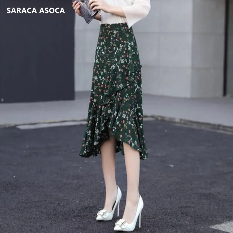 

Summer Bohemian Long Chiffon Trumpet Skirt Women Mid-Calf Ruffles A-Line Print Mermaid Skirt For Girl 662