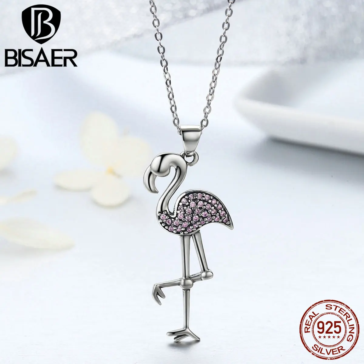 

Genuine 925 Sterling Silver Clear Pink CZ Flamingo Pendant Necklaces Women Luxury Jewelry Brincos saint valentin cadeau GXN093