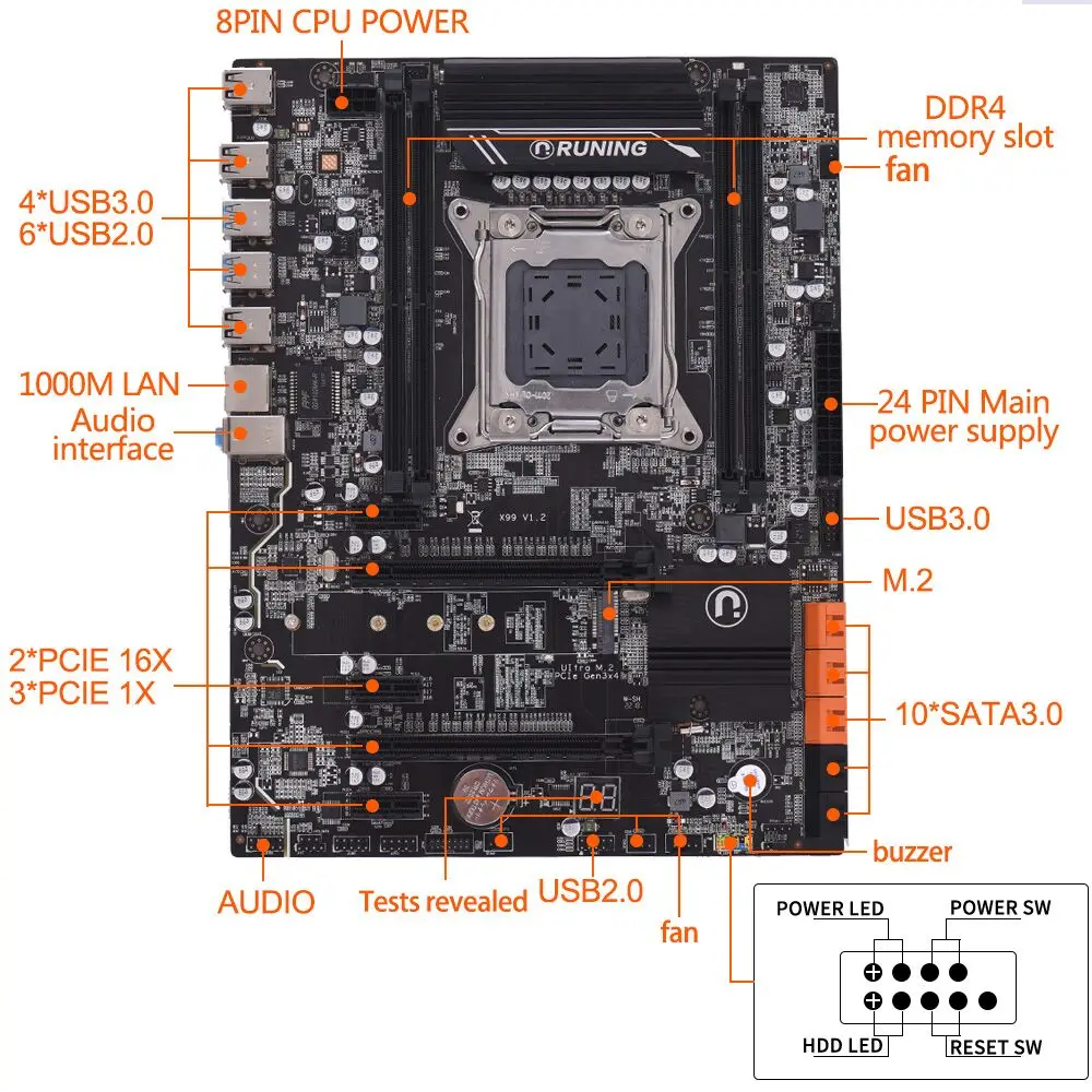جديد سطح اللوحة X99 V1.2 DDR4 ATX LGA2011 cpmputer اللوحة DIMM فتحات SATA 3.0 و USB 3.0