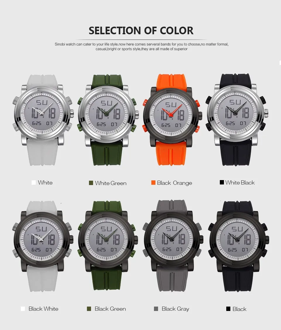 SINOBI Sports Watches Men Dual Display Analog Digital LED Electronic Quartz Wristwatches Men Multifunctional Waterproof Watch