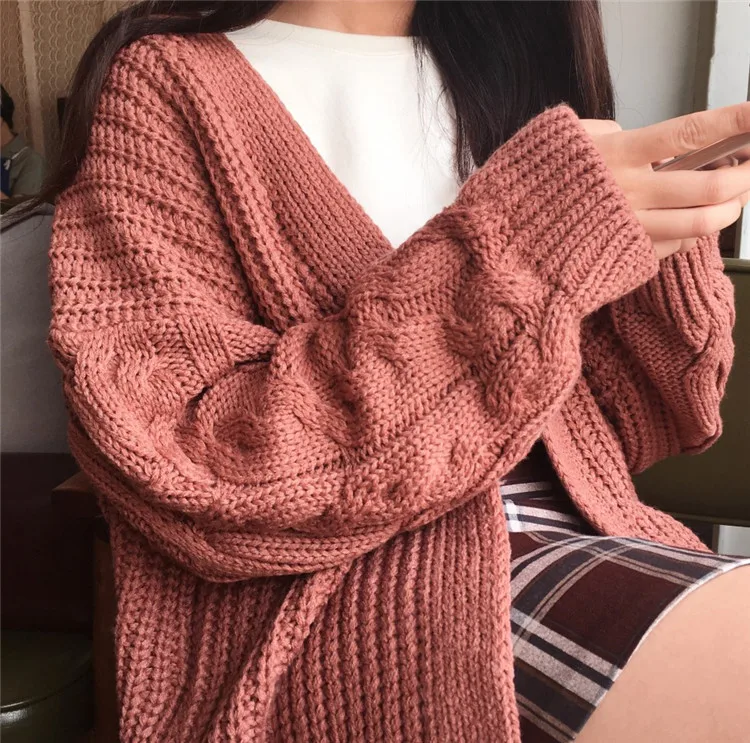 Стиль вязаный свитер женский длинный рукав свободный Хан ван сплошной цвет ленивый ветер темперамент кардиган пальто осень