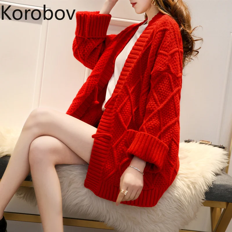 

Korobov Korean Cardiagns Oversize Women Sweaters Long Sleeve Solid Vintage Casual Sueter Mujer Preppy Style Knitwear 78070