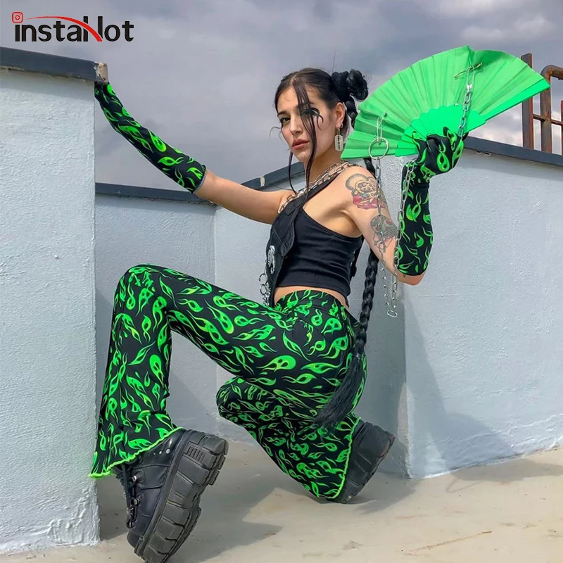 InstaHot Green High Waist Flare Pants Fire Printed Legging 2019 Autumn Winter Women Fashion Sexy Clubwear Trousers Pants InstaHot Green High Waist Flare Pants Fire Printed Legging 2019 Autumn Winter Women Fashion Sexy Clubwear Trousers Pants